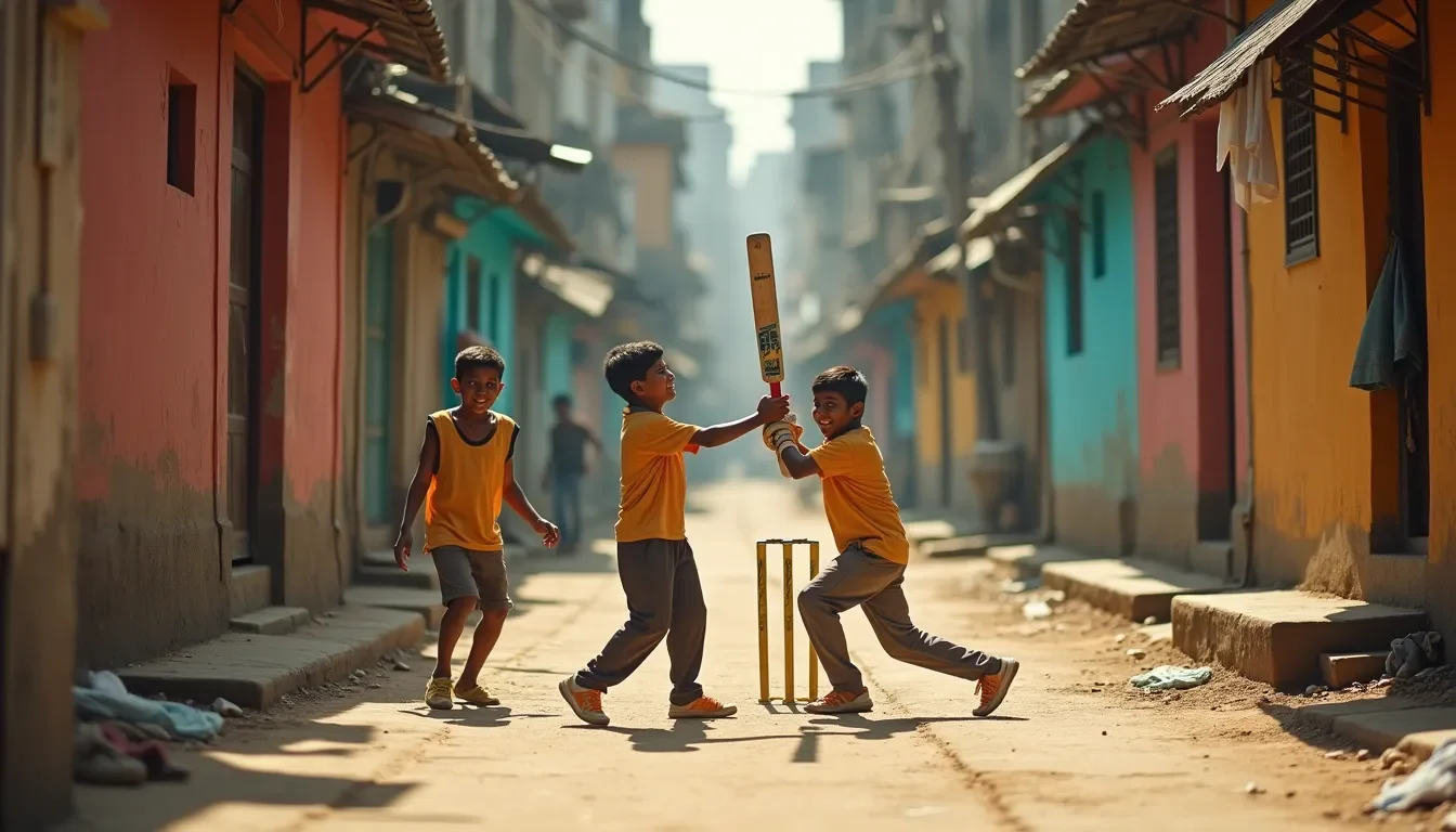 Kids playing street cricket in India
