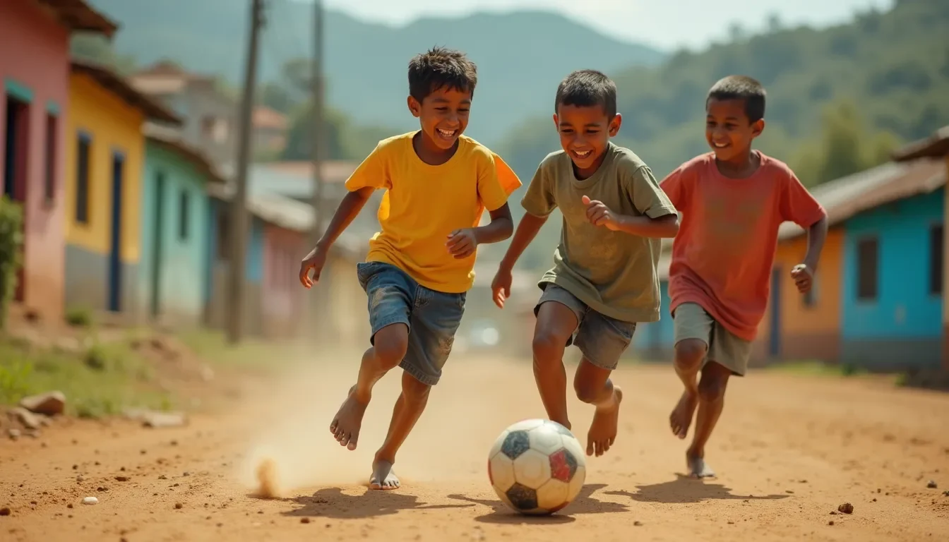Barefoot kids playing soccer in a Brazilian favela